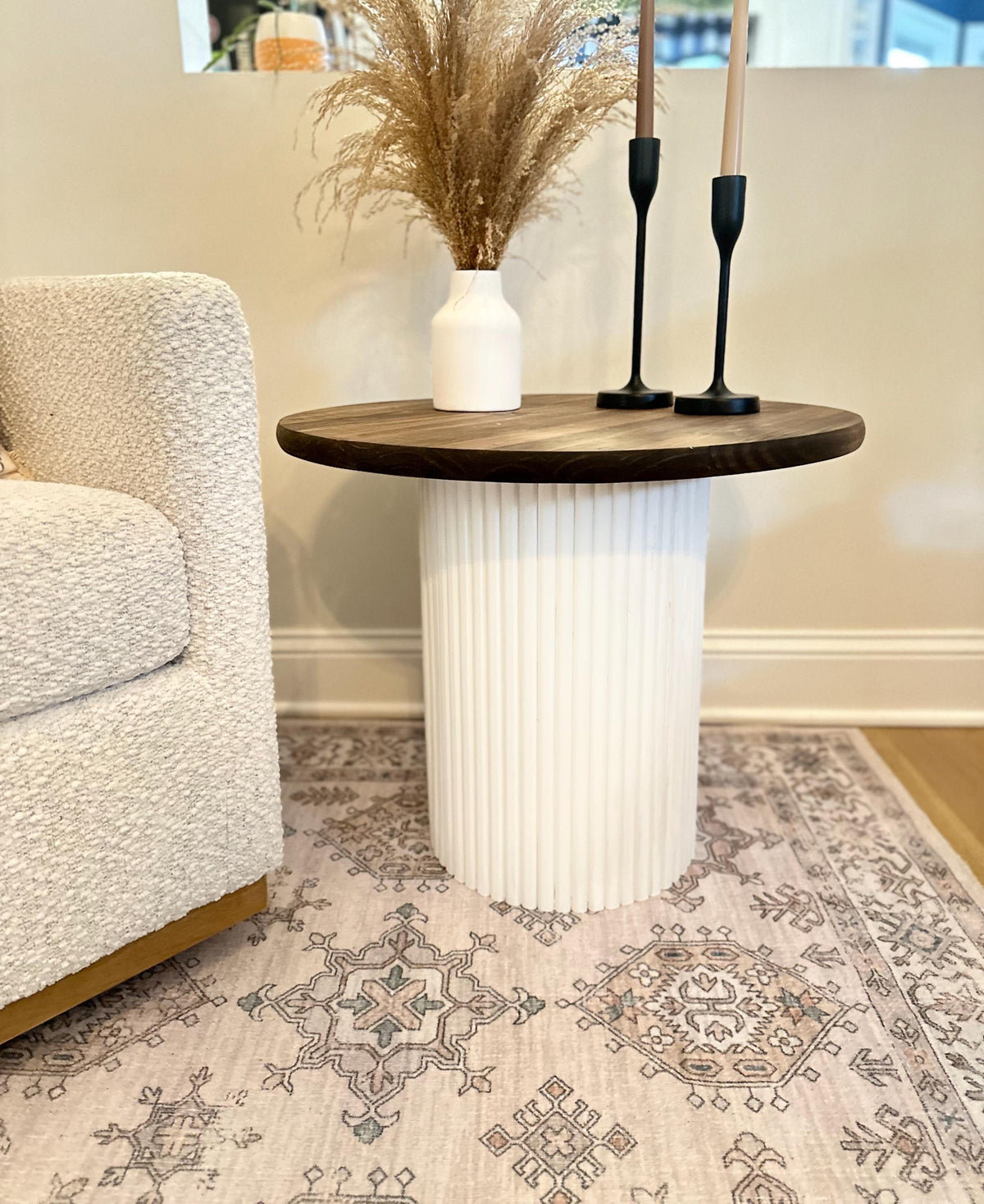 Coffee Table | End Table | Living Room | Furniture | Solid Wood | Fluted Table | Round Table | Customize | Ribbed Base | Pedestal Table |
